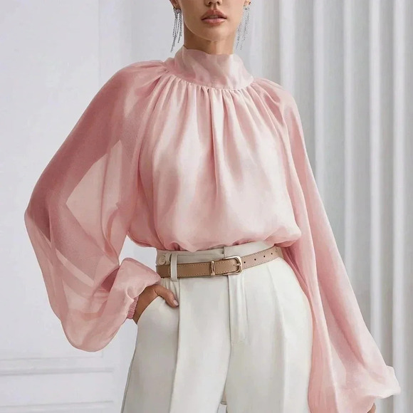 Dusty Pink Casual Women's Solid Color Stand Collar Lantern Sleeve Shirt - Picture 3 of 5